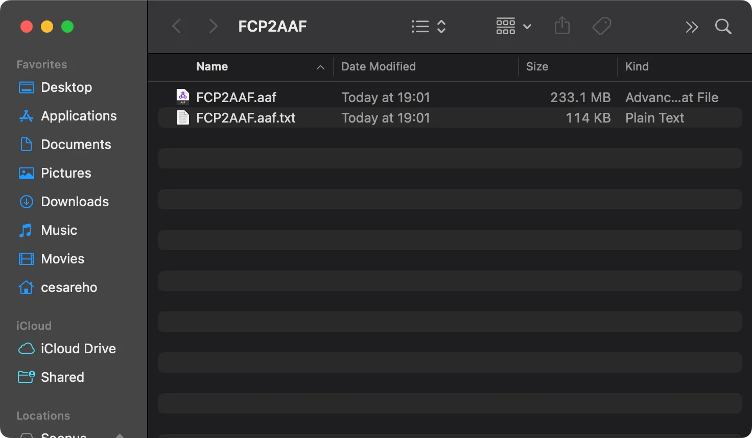 A Finder window on the delivery folder from fcp2aaf: FCP2AAF.aaf at 233.1 MB and FCP2AAF.aaf.txt, the plain-text report, at 114 KB.