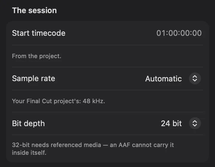 El grupo La sesión de la columna de ajustes de fcp2aaf: el timecode inicial 01:00:00:00, tomado del proyecto, el sample rate en automático con la línea que dice que el del proyecto de Final Cut es 48 kHz, y la profundidad en 24 bits, con la nota de que 32 bits requiere el audio referenciado.