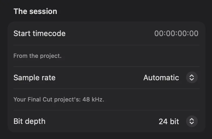 The Session group of the fcp2aaf settings column: the start timecode at 00:00:00:00, taken from the project, the sample rate on Automatic with the line underneath saying the Final Cut project's own rate is 48 kHz, and the bit depth at 24 bit.