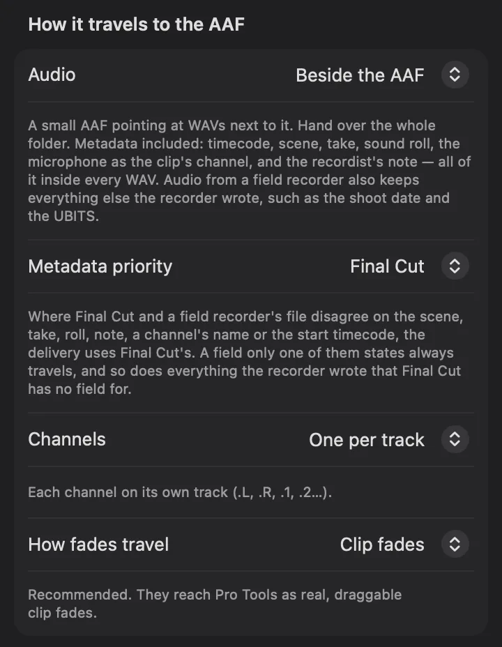 El mismo grupo de la columna de ajustes de fcp2aaf con el audio puesto para viajar junto al AAF: un AAF pequeño que apunta a los WAV de al lado, con el timecode, la escena, la toma, el rollo, el micrófono como canal del clip y la nota del sonidista dentro de cada WAV, y el audio de una grabadora de campo conservando todo lo demás que escribió, como la fecha de rodaje y los UBITS; debajo, la prioridad de metadata en Final Cut, que junto al AAF decide también la nota y el nombre de un canal.