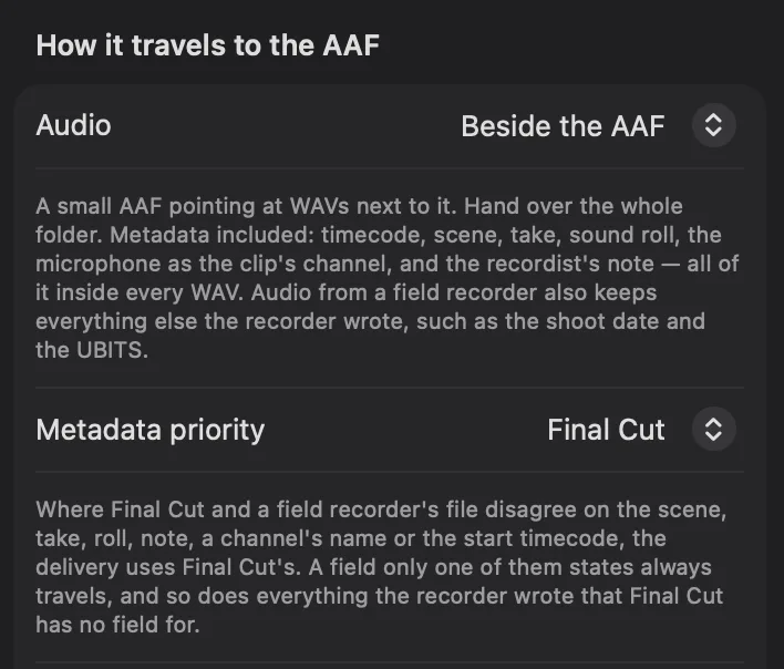 The same group of the fcp2aaf settings column with the audio set to travel beside the AAF: a small AAF pointing at the WAVs next to it, with the timecode, the scene, the take, the sound roll, the microphone as the clip's channel and the recordist's note inside every WAV, and audio from a field recorder keeping everything else the recorder wrote, such as the shoot date and the UBITS; under it the metadata priority on Final Cut, which beside the AAF also decides the note and a channel's name.