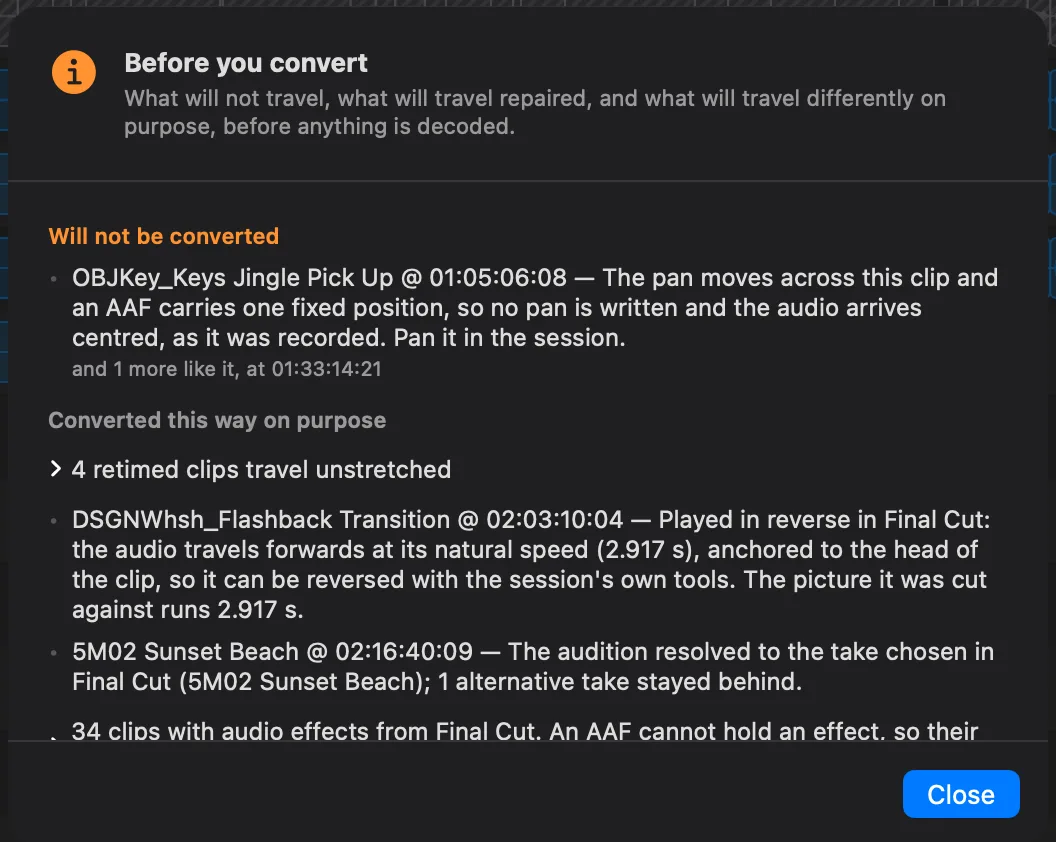 El panel Before you convert de fcp2aaf: en lo que no se va a convertir, un clip con un paneo que se mueve y que llega centrado, y en lo que se convierte así a propósito, 4 clips con cambio de velocidad que viajan sin estirar, un efecto en reversa, una audición que se resolvió a la toma elegida en Final Cut y 34 clips con efectos de audio de Final Cut.