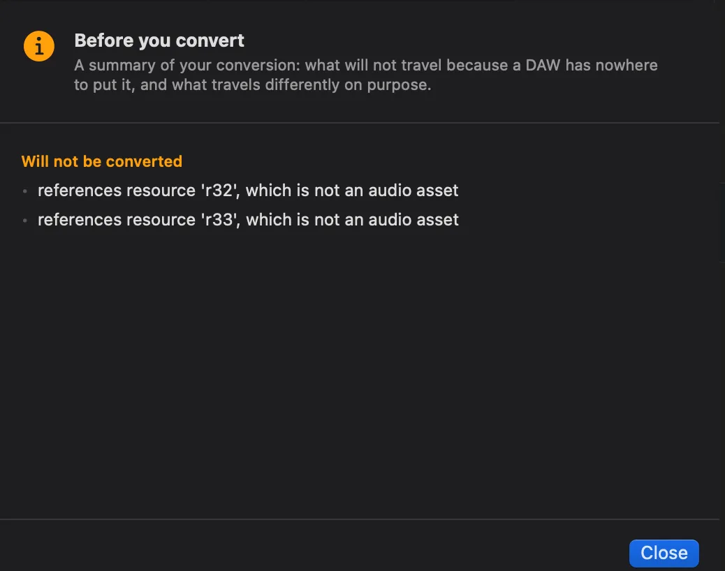 The Before you convert panel in fcp2aaf: a summary of what will not travel because a DAW has nowhere to put it and what travels differently on purpose, here listing two clips that reference a resource which is not an audio asset.