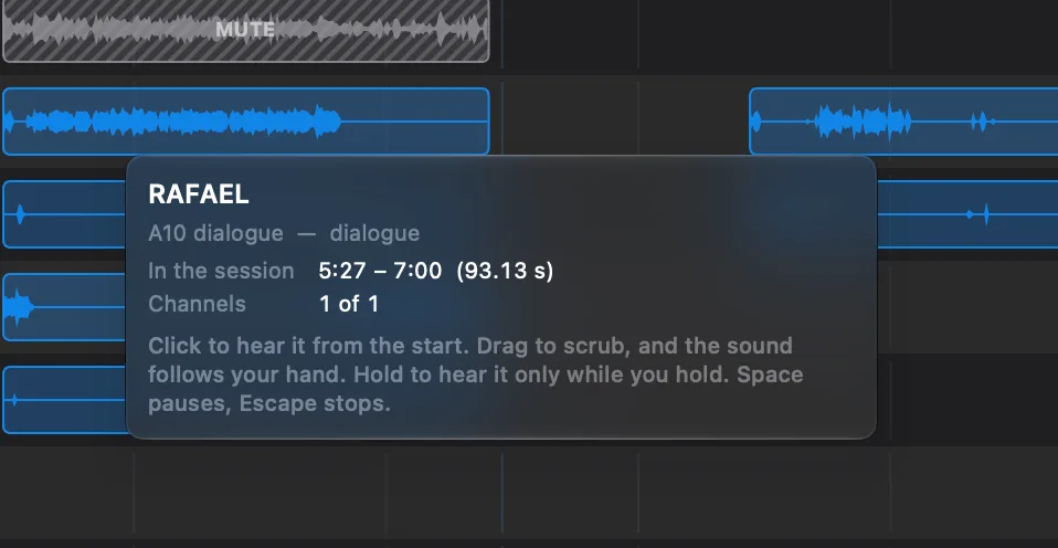 The card fcp2aaf shows when the pointer rests on a clip, over tracks with every clip's waveform drawn: the recording it came from, RAFAEL, the slot and the subrole it belongs to, where it sits in the session — 5:27 to 7:00, 93.13 seconds — how many channels of the file this track draws, and the line saying that clicking plays it from the start, dragging scrubs it and holding plays it only while you hold.