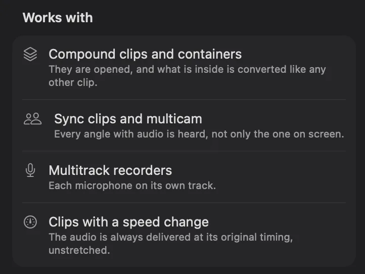 Works with, at the foot of the fcp2aaf settings column: compound clips and containers, sync clips and multicam, multitrack recorders, and clips with a speed change.