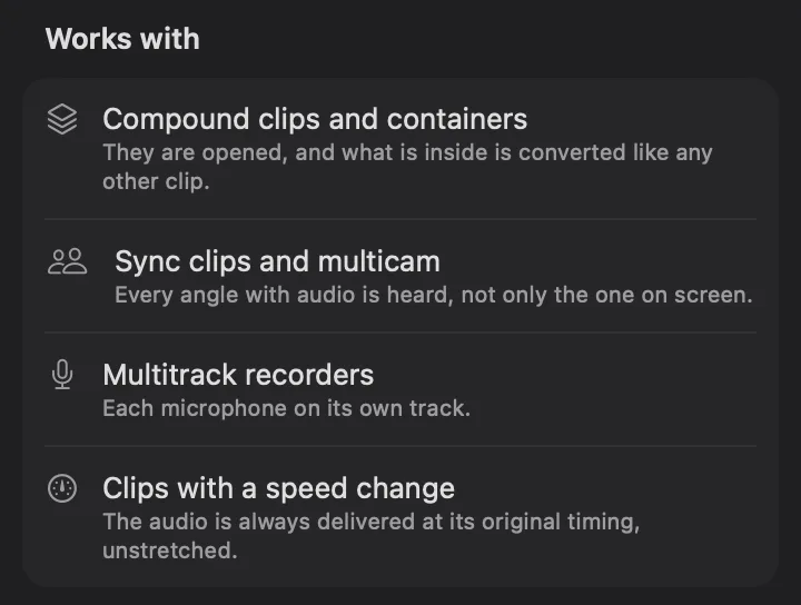 Funciona con, al pie de la columna de ajustes de fcp2aaf: compound clips y contenedores, sync clips y multicámara, grabadoras multipista y clips con cambio de velocidad.