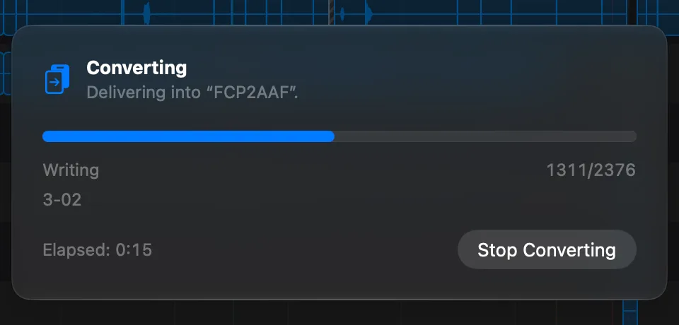 El panel de progreso de fcp2aaf durante una conversión a la carpeta FCP2AAF: Writing, 1,311 de 2,376 regiones, la grabación 3-02 y 15 segundos transcurridos, con el botón Stop Converting.