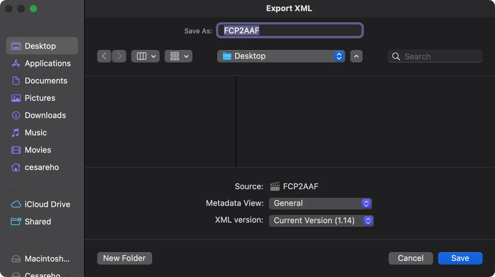 The Export XML save dialog in Final Cut Pro: a Save As field, the Desktop selected, Metadata View set to General and XML version set to Current Version (1.14).