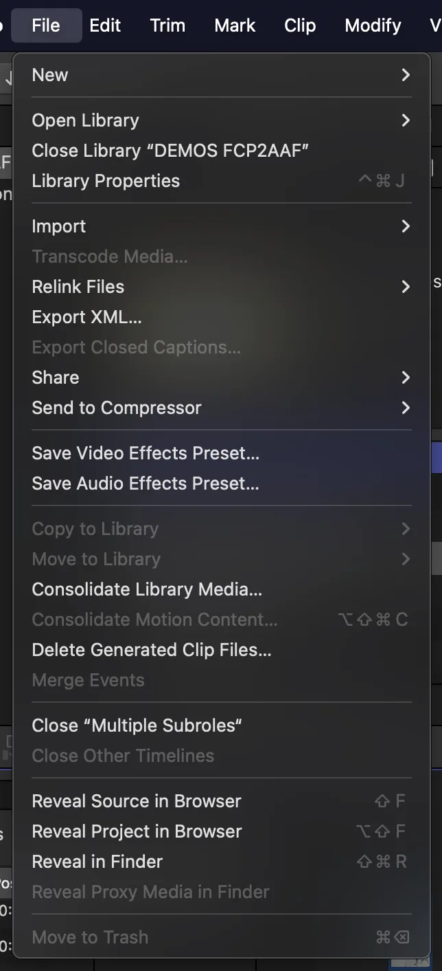 The Final Cut Pro File menu open, with Export XML… highlighted among Import, Relink Files and Share.