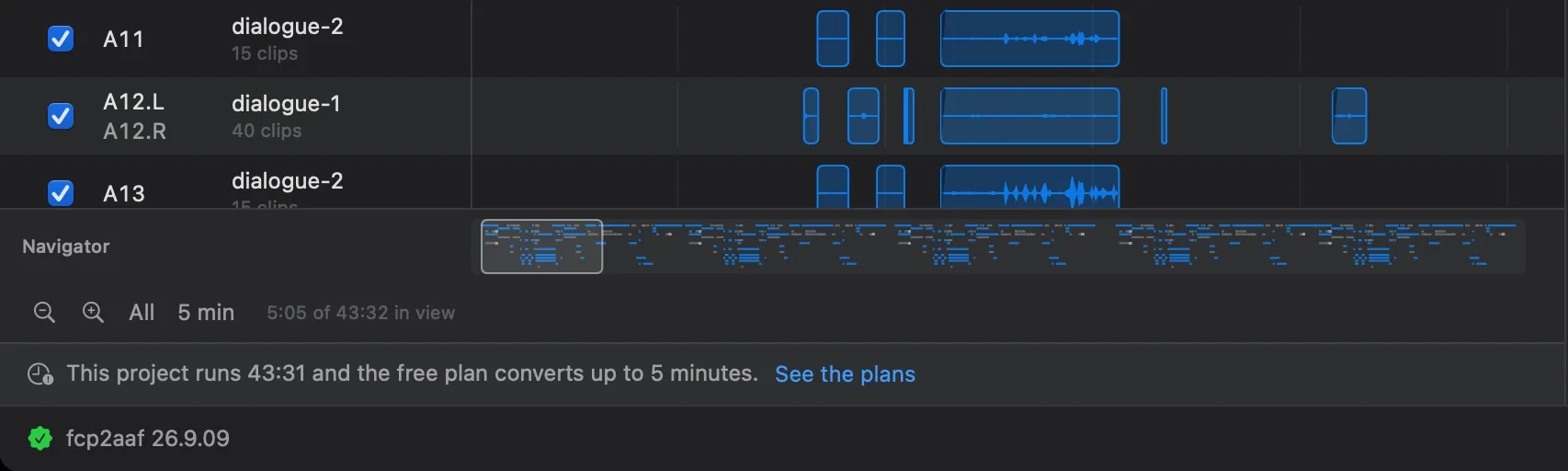 The foot of the fcp2aaf window on a 43-minute project: three dialogue tracks with every clip's waveform, the navigator holding the whole film with a rectangle over the first five minutes, and a line saying the project runs 43:31 while the free plan converts up to 5 minutes, with a link to the plans.