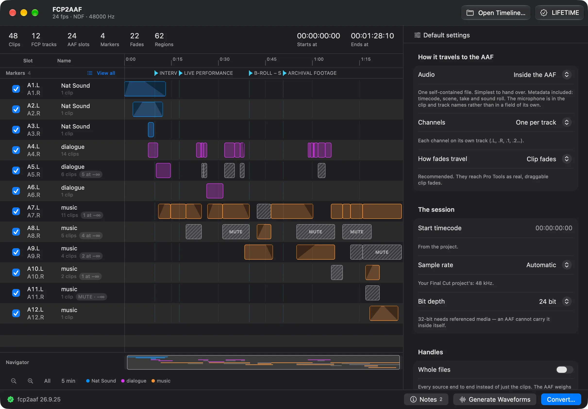 The fcp2aaf window with a Final Cut Pro project open and the clips drawn as plain blocks, before the waveforms are generated, with the Generate Waveforms button beside Convert in the bottom bar.