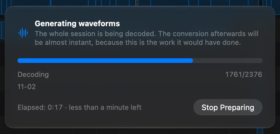 El panel de progreso de fcp2aaf mientras genera los waveforms: Decoding, 1,761 de 2,376 regiones, la grabación 11-02 en proceso, 17 segundos transcurridos y menos de un minuto por delante, con el botón Stop Preparing.
