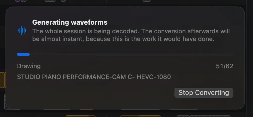 The fcp2aaf progress panel while it generates the waveforms: the Drawing stage, 51 of 62 regions and the name of the recording being worked on, with the button that stops it.