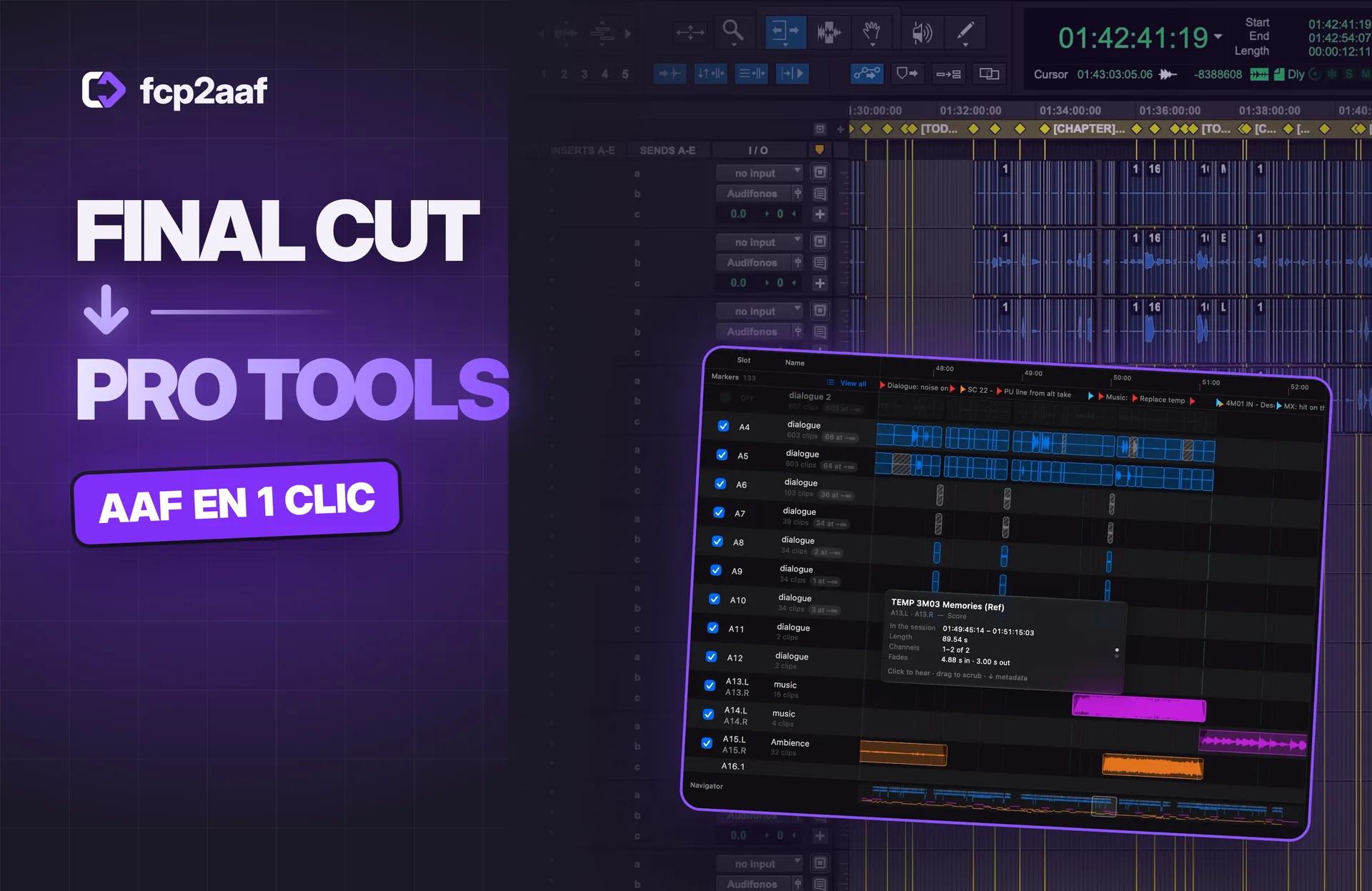 La portada del tutorial de fcp2aaf: Final Cut, una flecha hacia abajo, Pro Tools y AAF en 1 clic, junto a la ventana de fcp2aaf encima de una sesión de Pro Tools.