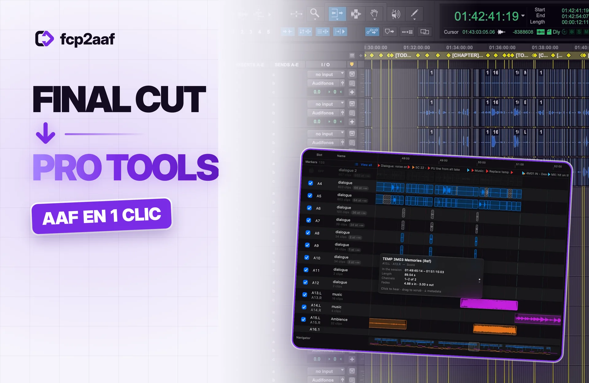 La portada del tutorial de fcp2aaf: Final Cut, una flecha hacia abajo, Pro Tools y AAF en 1 clic, junto a la ventana de fcp2aaf encima de una sesión de Pro Tools.