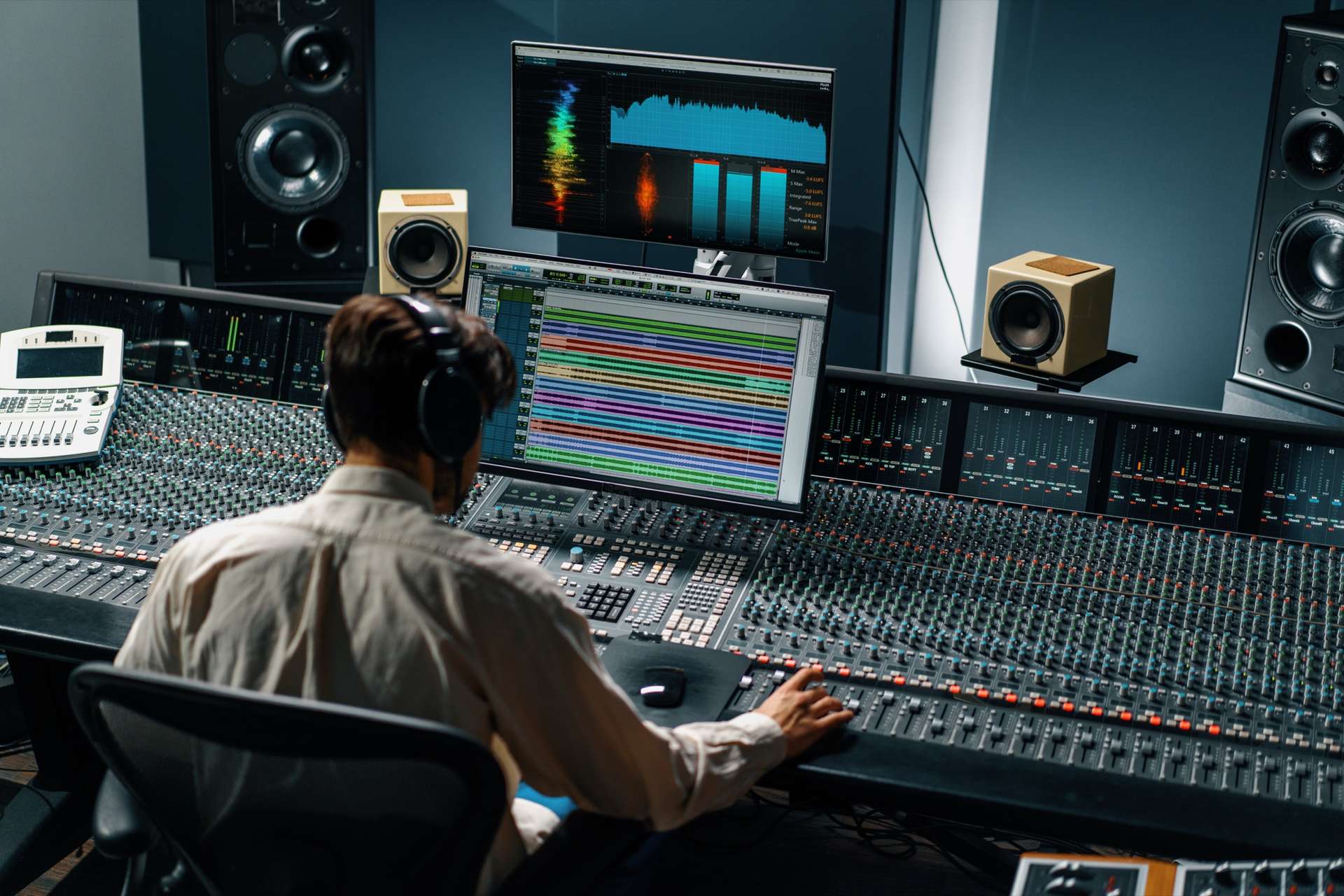 A sound engineer with headphones at a large mixing console, a Pro Tools session on the screen ahead.