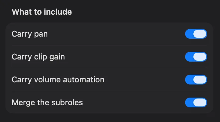 What to include, in fcp2aaf's settings column: pan, clip gain, volume automation and merging the subroles, all four on.