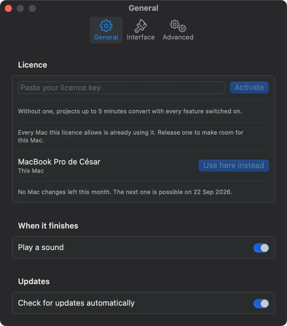 The same tab with no Mac changes left: only this Mac is listed, with Use here instead, and a line saying no Mac changes are left this month and naming the date the next one is possible.