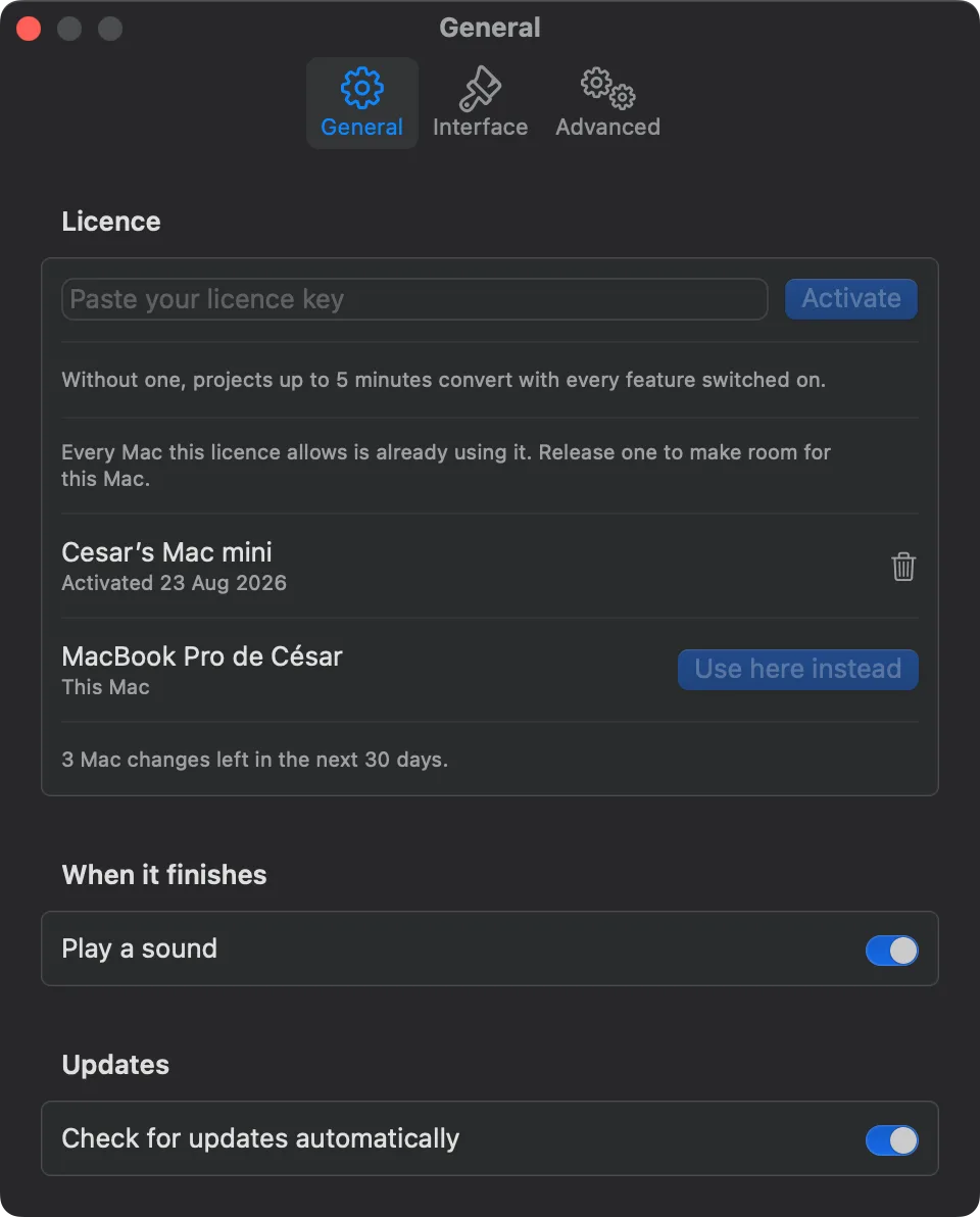 The General tab with the licence already active on another Mac: the key field, a line saying every Mac this licence allows is already using it, Cesar's Mac mini listed with a button to release it, this Mac listed with Use here instead, and a line saying three Mac changes are left in the next 30 days.