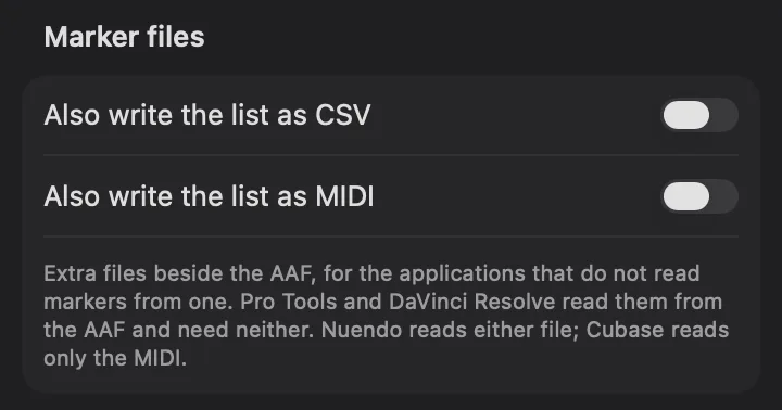 Archivos de markers, en la columna de ajustes de fcp2aaf: escribir también la lista como CSV y escribir también la lista como MIDI, los dos apagados, con la nota de que Pro Tools y DaVinci Resolve leen los markers del AAF y no necesitan ninguno de los dos archivos, que Nuendo lee cualquiera de los dos y que Cubase solo lee el MIDI.