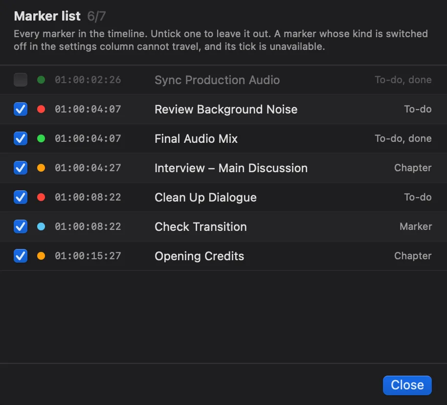 La ventana de lista de markers de fcp2aaf: siete markers con su palomita, su timecode, su nombre y su tipo. El primero está sin palomita y en tenue, y el encabezado dice 6/7.