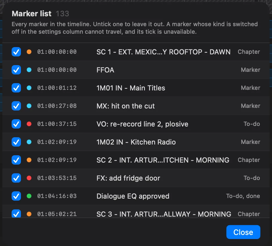 La lista de markers de fcp2aaf, con 133: cada uno con su palomita, un punto del color de su tipo, su timecode, su nombre y su tipo, desde el capítulo SC 1 - EXT. MEXICO CITY ROOFTOP - DAWN y el marker FFOA en 01:00:00:00 hasta la tarea VO: re-record line 2, plosive y la tarea terminada Dialogue EQ approved.