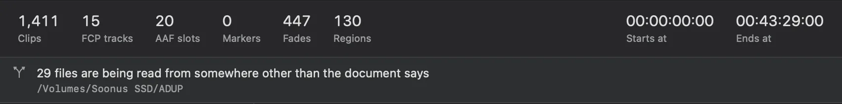 The same window after the folder was shown: 29 files are being read from somewhere other than the document says, naming the folder they are being read from now.