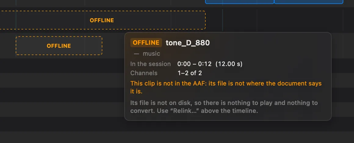 The details card for an offline clip in fcp2aaf: an OFFLINE badge beside the recording’s name, the role, where it falls in the session and which channels it carries, and below that the explanation that the clip is not in the AAF because its file is not where the Final Cut Pro document says it is, pointing at “Relink…”.