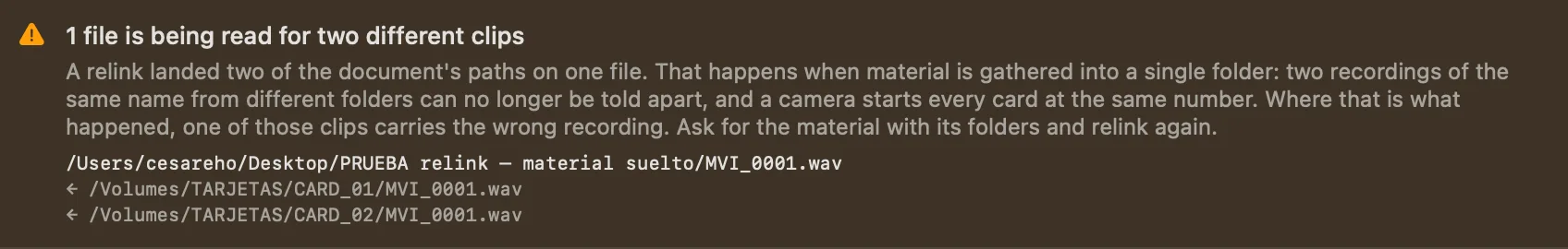 The fcp2aaf warning that one file is being read for two different clips: it names the file, MVI_0001.wav, in the folder the material arrived in, and below it the two paths from the document that have landed on it, CARD_01/MVI_0001.wav and CARD_02/MVI_0001.wav, from two different cards of the same camera.