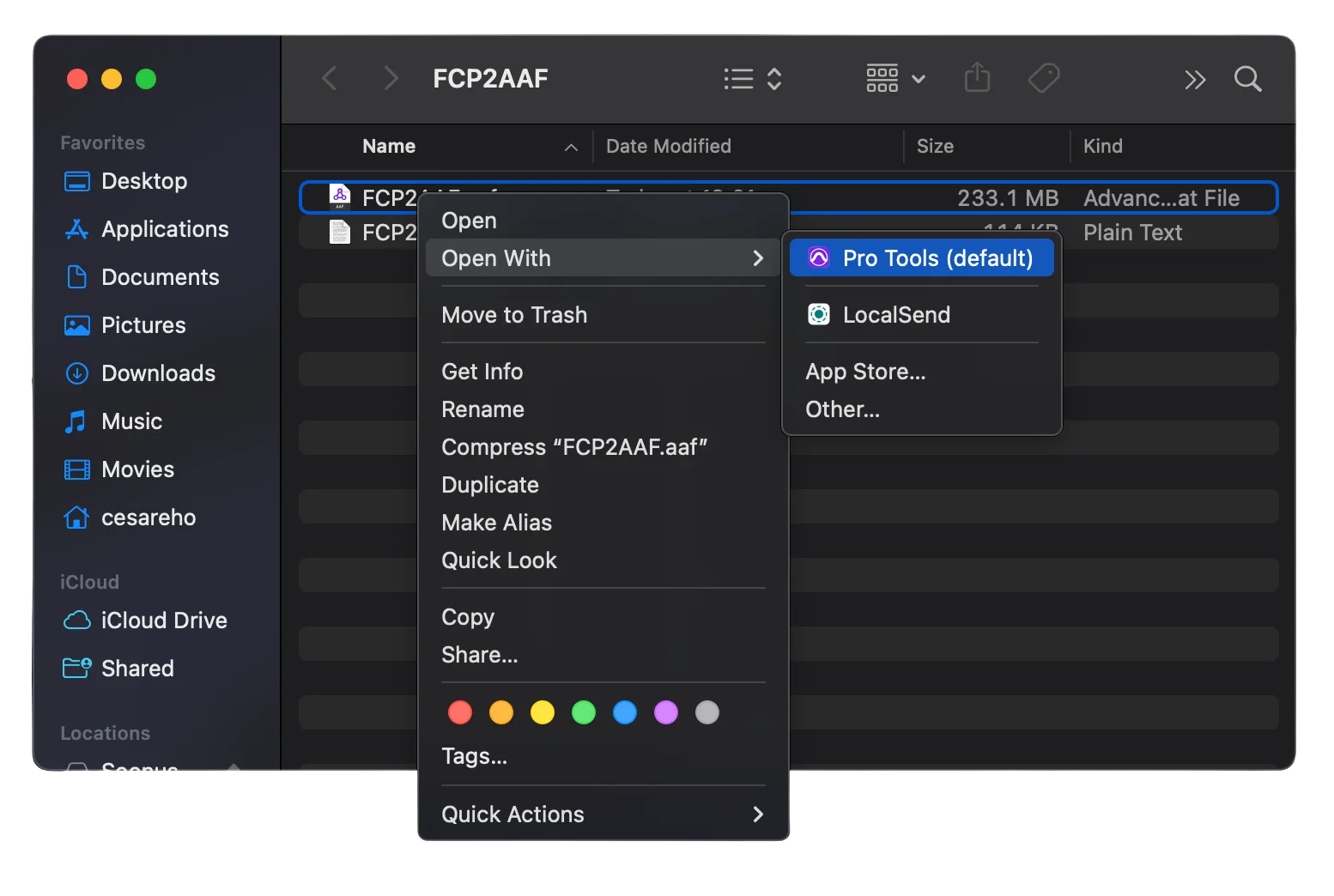 A Finder right-click menu on FCP2AAF.aaf, with Open With expanded and Pro Tools (default) at the top of the list.