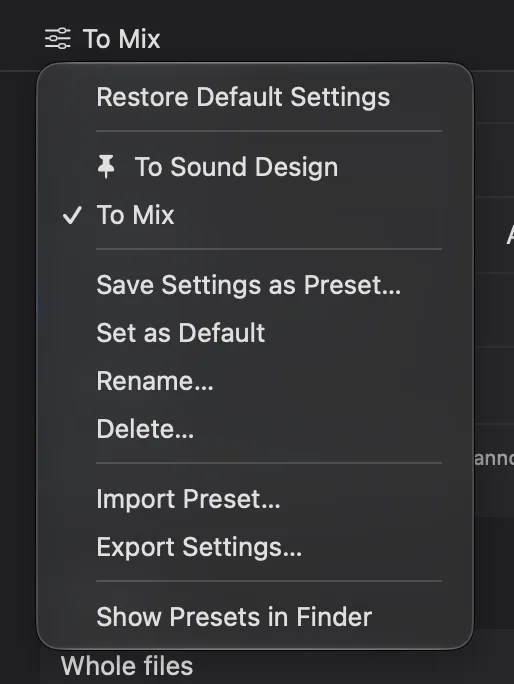The preset control at the head of the fcp2aaf settings column, reading To Mix, with its menu open: restore default settings, then the default preset To Sound Design with a pin beside it and To Mix with a tick, then save the settings as a preset, set as default, rename, delete, import, export, and show presets in Finder.