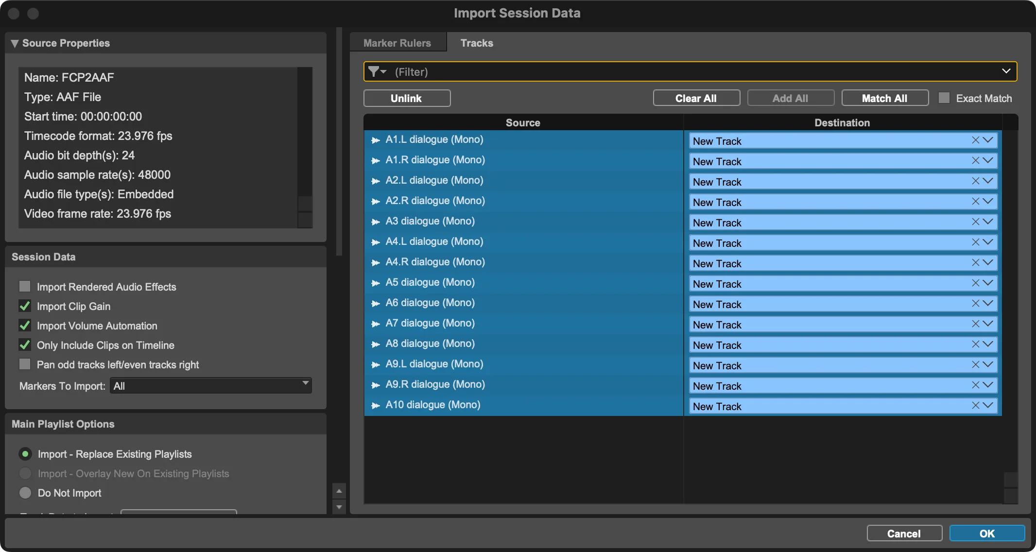 The Pro Tools Import Session Data panel: source properties for the AAF file on the left with Import Clip Gain and Import Volume Automation ticked, and every source track on the right — A1.L dialogue, A1.R dialogue, A2.L dialogue and so on — mapped to New Track.