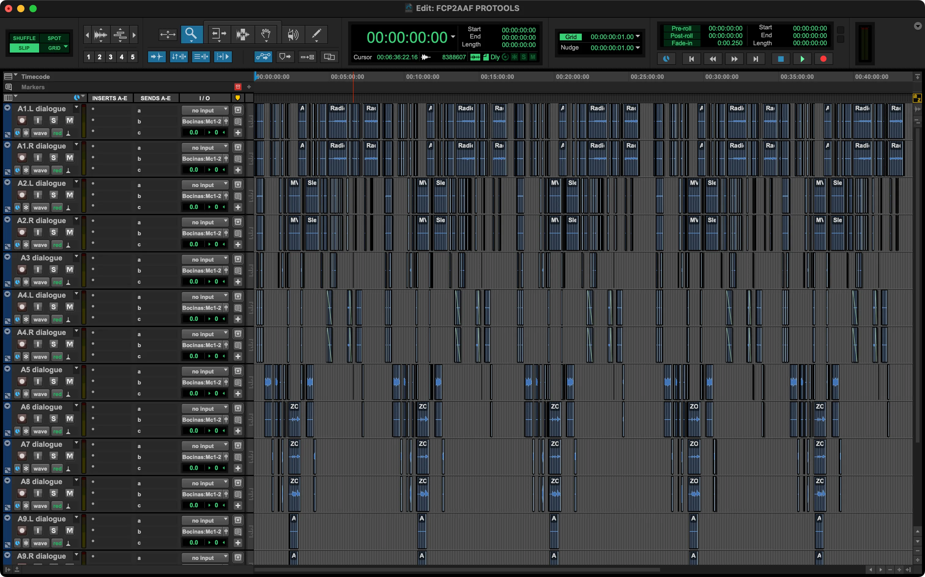 The Pro Tools Edit window with the imported session: a column of dialogue tracks — A1.L dialogue, A1.R dialogue, A2.L dialogue and more — each carrying clips with waveforms placed across the timeline.