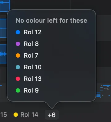 The fcp2aaf role legend with a popover open over the +6 count, headed “No colour left for these” and listing the six roles left without one — Rol 12, Rol 8, Rol 7, Rol 10, Rol 13 and Rol 9 — each with its dot.