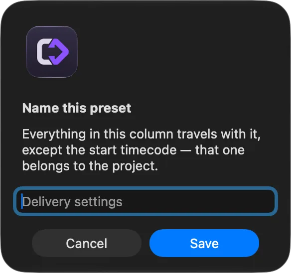 The panel fcp2aaf opens to save a preset: the application's icon, the title “Name this preset”, the line saying everything in the column travels with it except the start timecode, which belongs to the project, an empty name field, and the buttons Cancel and Save.