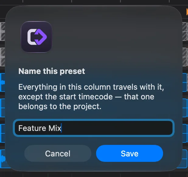 El panel que abre fcp2aaf para guardar un preset, sobre la ventana: el icono de la aplicación, el título «Name this preset», la línea que dice que todo lo de la columna viaja con él salvo el timecode inicial, que es del proyecto, el nombre Feature Mix escrito, y los botones Cancel y Save.