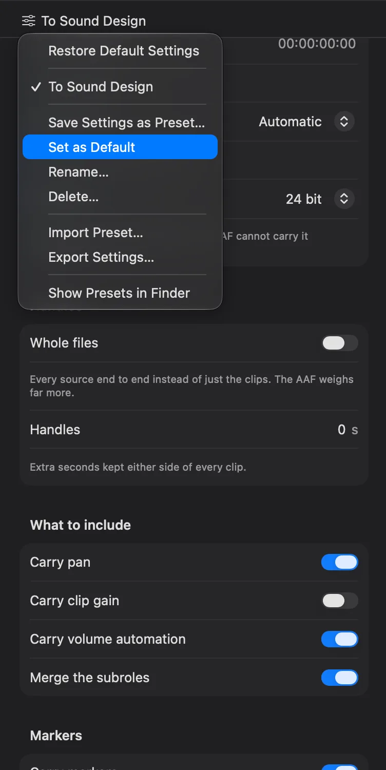 The preset menu of fcp2aaf with Set as Default highlighted, standing over the settings column: the start timecode, the sample rate on Automatic, 24-bit, whole files off with the handles at zero, and What to include with pan, volume automation and merged subroles on and clip gain off.