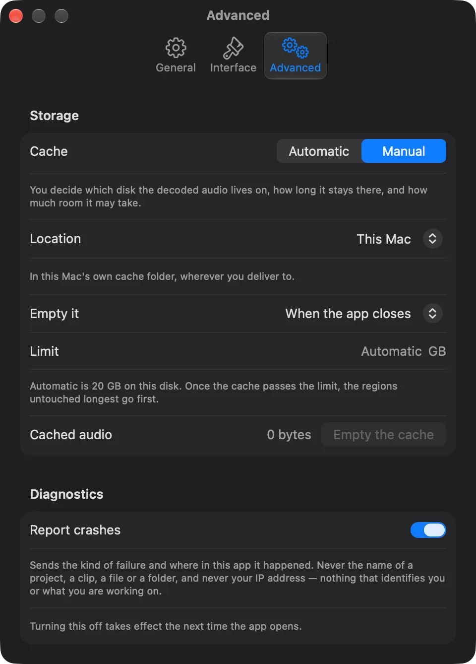 The Storage section of fcp2aaf with the cache on Manual: the location set to this Mac's own cache folder, emptying when the app closes, an automatic size limit that works out to 20 GB on this disk with the regions untouched longest going first, and what the cache is holding right now with the button that empties it.