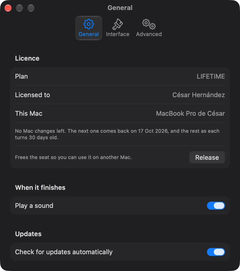 The General tab of the fcp2aaf Settings window: a lifetime licence, who it is licensed to, the Mac it is active on, a line saying no Mac changes are left, naming the day the next one comes back and that the rest come back as each turns 30 days old, and a button that releases the seat; a sound when a conversion finishes; and automatic updates.