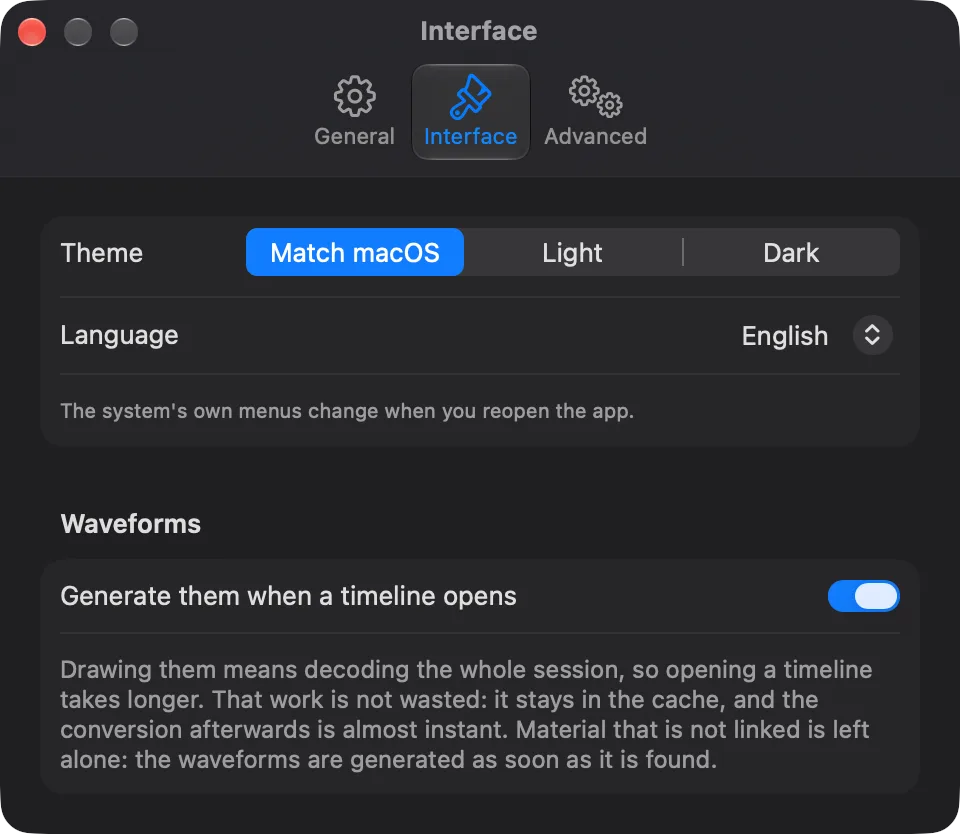 The Interface tab of fcp2aaf's Settings: the theme on match macOS, the language set to English with the note that the system's own menus change when you reopen the app, and the Waveforms section with the switch that generates them when a timeline opens, here turned on.