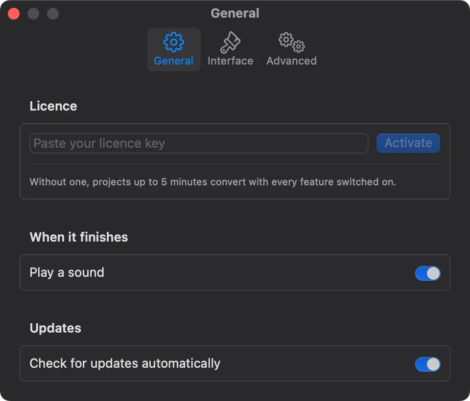 The General tab of the fcp2aaf Settings window with no licence: an empty field to paste a licence key, an Activate button, and the line saying that projects up to 5 minutes convert with every feature switched on.