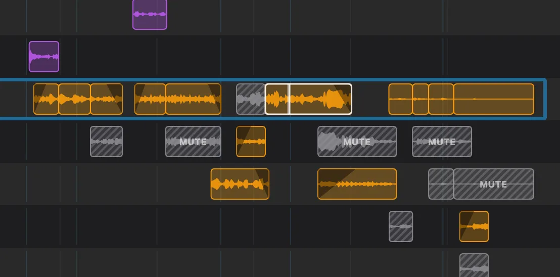 Una vista de cerca de las pistas de fcp2aaf con los waveforms dibujados: clips de música en naranja con sus fundidos, clips de diálogo en morado, y clips silenciados en gris con el rayado encima y la palabra MUTE, enseñando el audio que llevan aunque viajen a menos infinito.