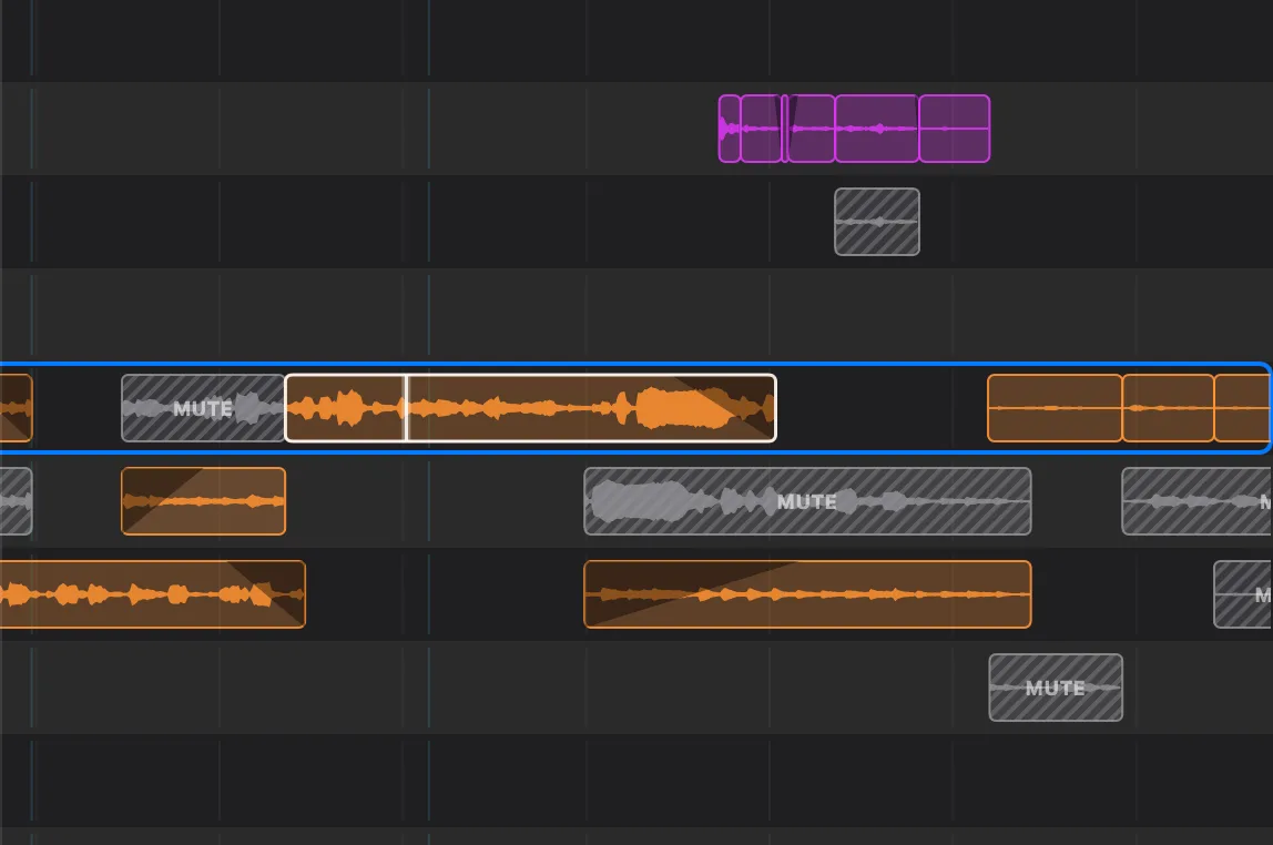 A close view of the fcp2aaf tracks with the waveforms drawn: music clips in orange with their fades darkening the corners they fade over, dialogue clips in purple, and silenced clips in grey under hatching and marked MUTE, showing the audio they carry even though they travel at minus infinity. One track is outlined as the selected one, with a clip inside it picked out.
